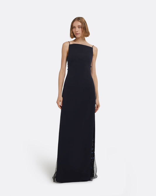 Leah Long Dress in Midnight Navy with Multi-Blues Embellishments